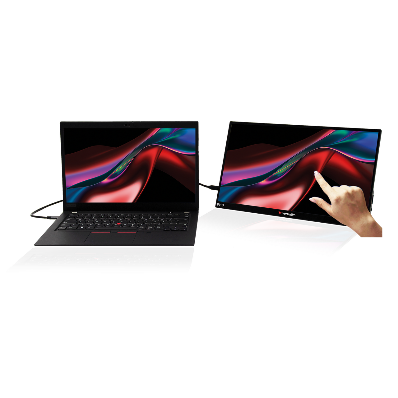 Verbatim 14-inch portable touchscreen monitor connected to a laptop, extending the display with Full HD resolution, ideal for productivity, dual-screen setups, and mobile professionals